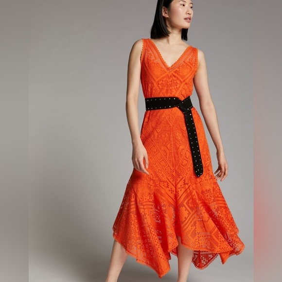 By Anthropologie Naranja Bright Orange Lace Maxi Dress Slip Small Beach Vacation - Picture 4 of 13